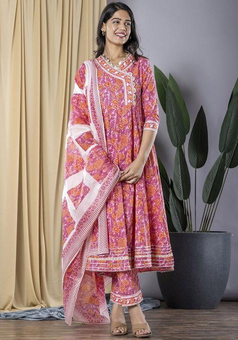 Pink Printed Cotton Anarkali Set — view on Indya