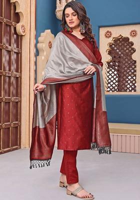 Maroon Woven Design Silk Kurta Set