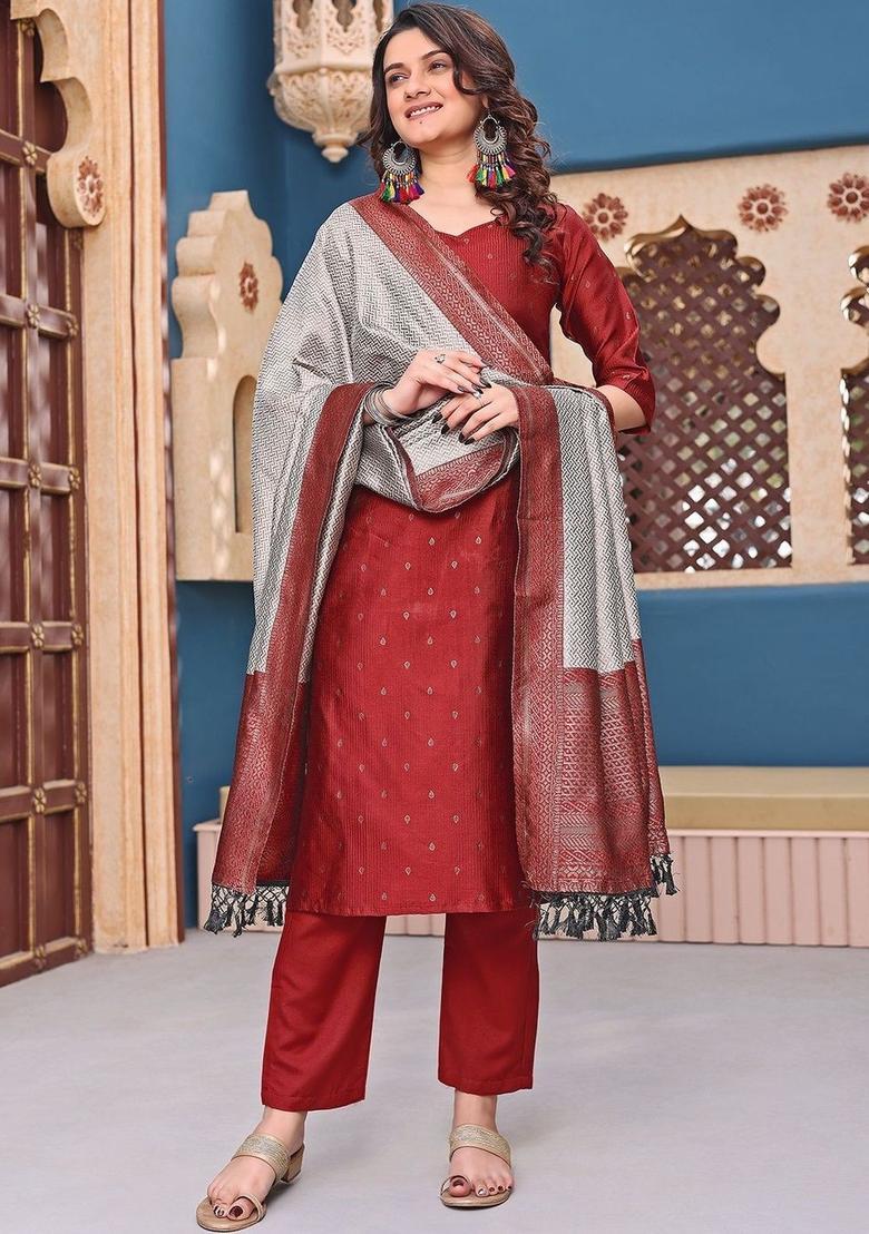 Maroon Woven Design Silk Kurta Set - Indya