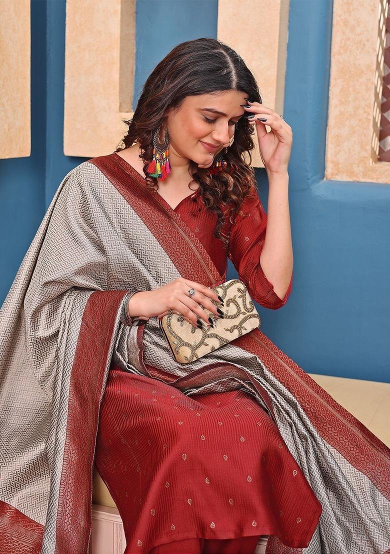 Maroon Woven Design Silk Kurta Set - Indya