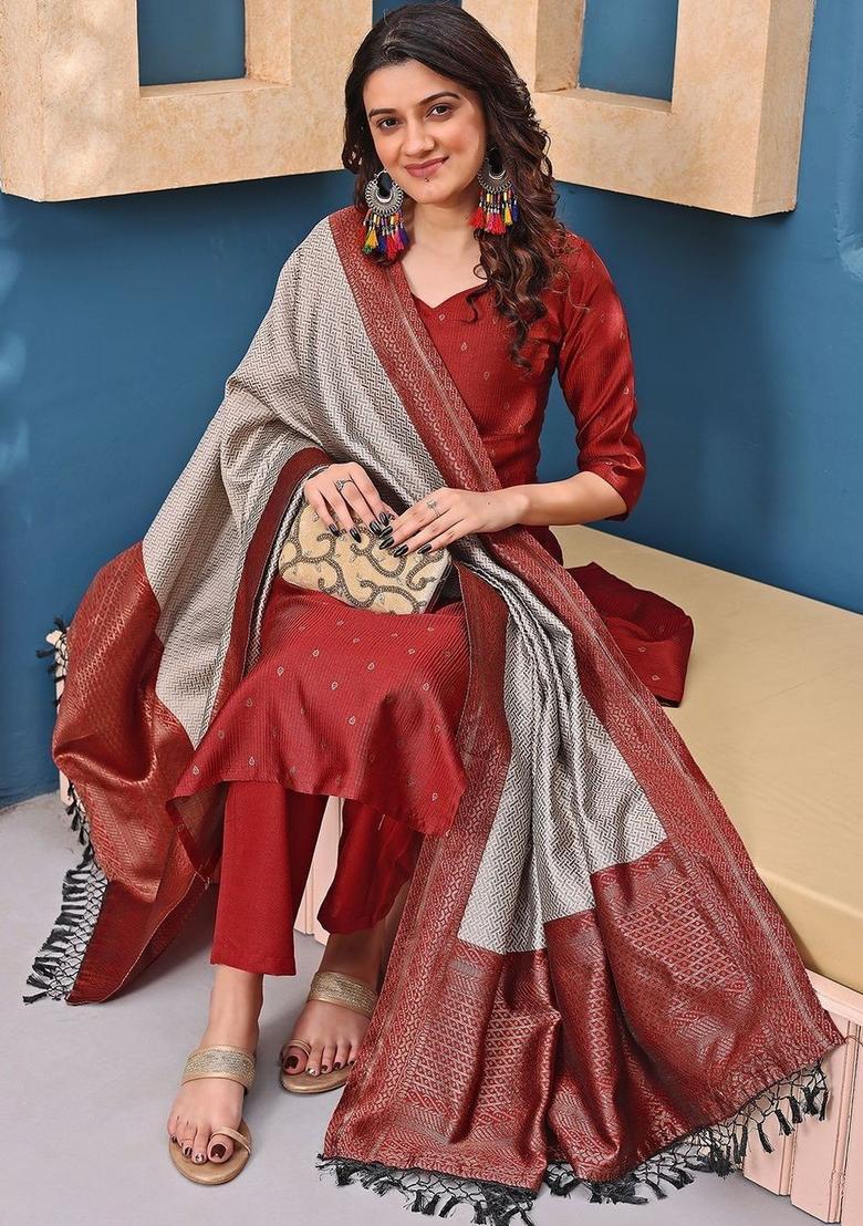 Maroon Self Design Silk Kurta Set - Indya