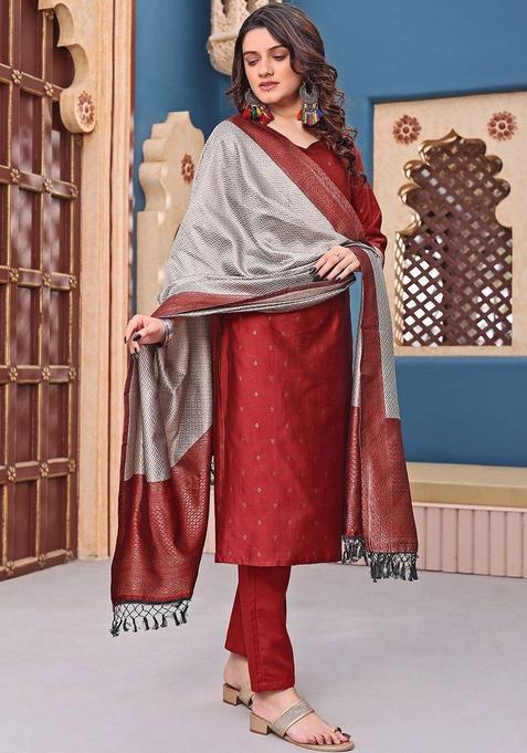 Maroon Self Design Silk Kurta Set — view on Indya