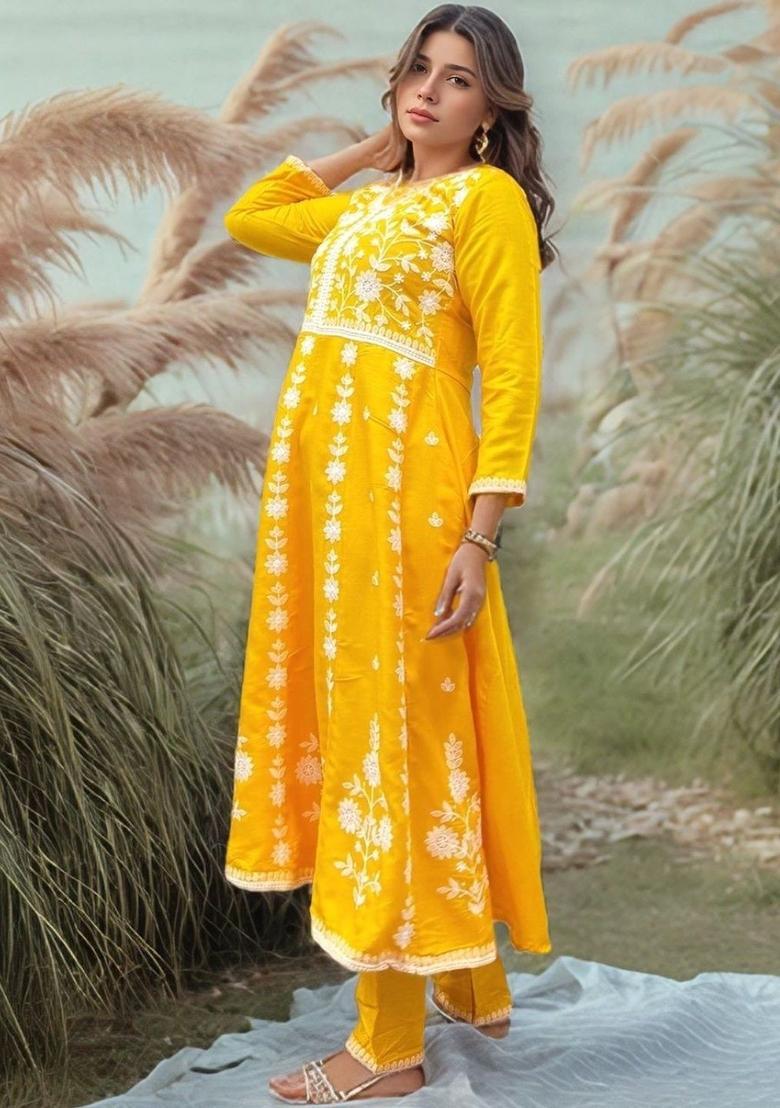 Yellow Embroidered Viscose Kurta Set - Indya