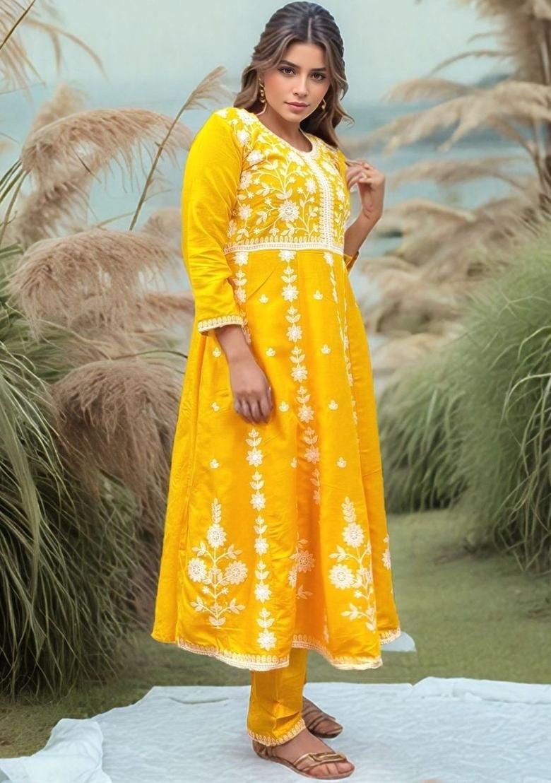 Yellow Embroidered Viscose Kurta Set - Indya