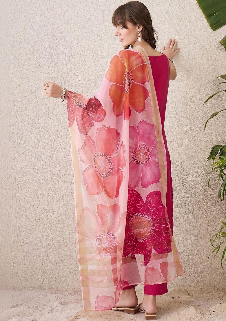 Pink Self Design Viscose Kurta Set - Indya
