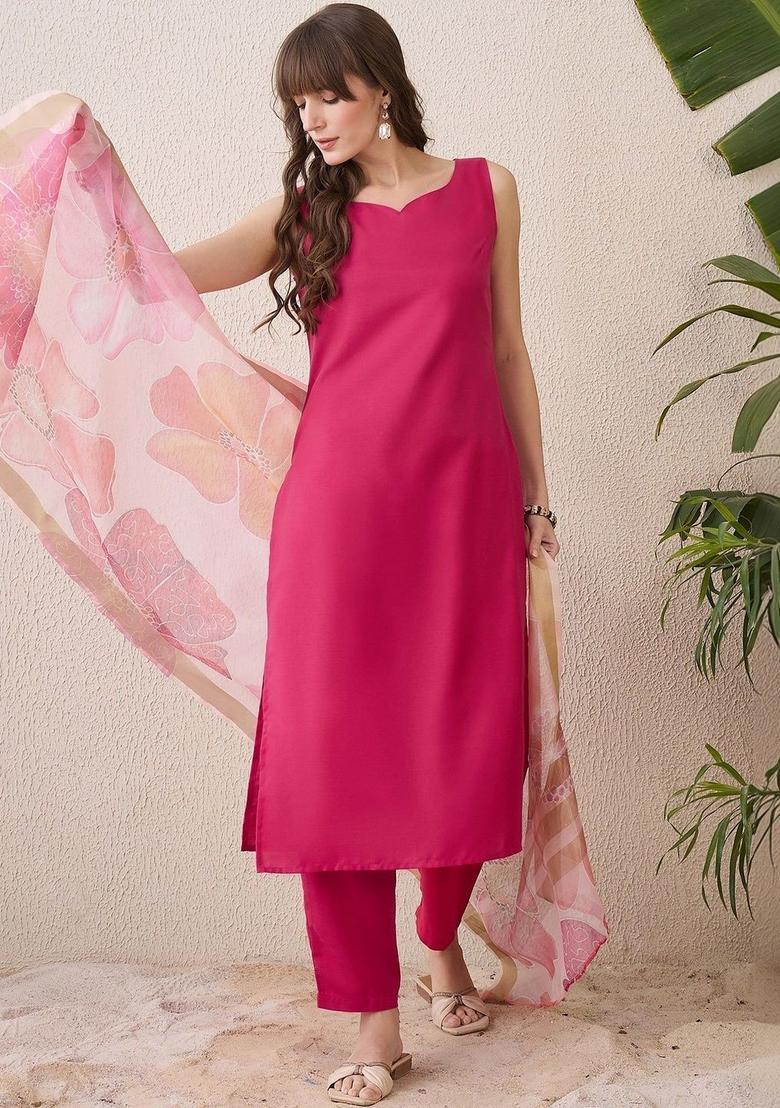 Pink Self Design Viscose Kurta Set - Indya