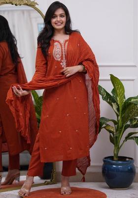 Rust Embroidered Silk Kurta Set