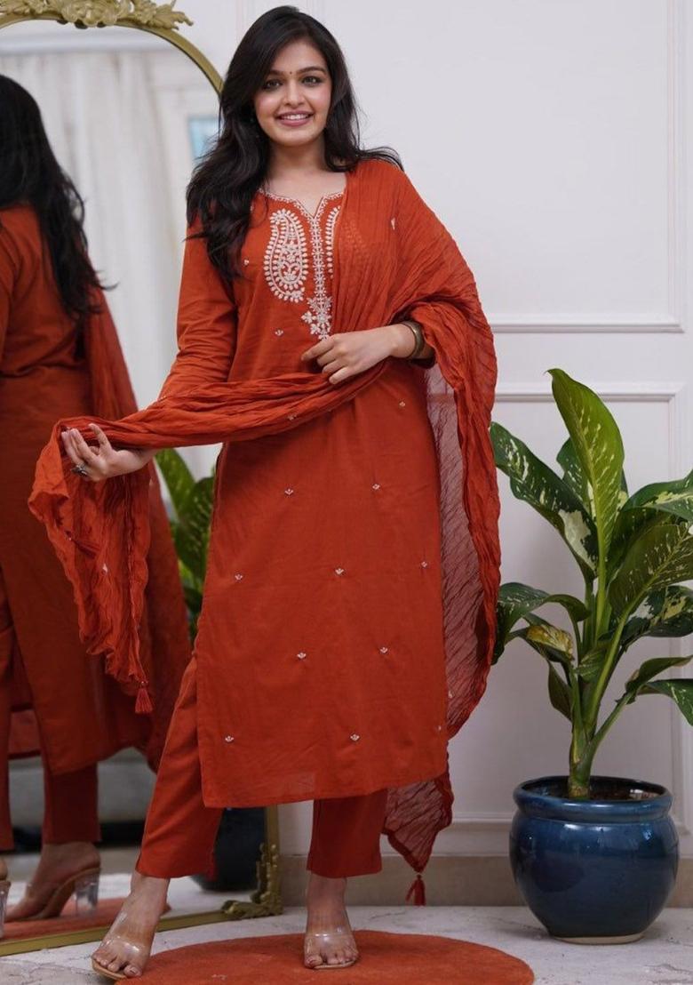 Rust Embroidered Silk Kurta Set - Indya
