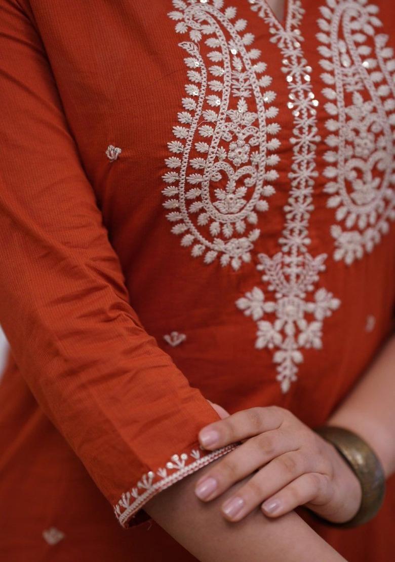 Rust Embroidered Silk Kurta Set - Indya