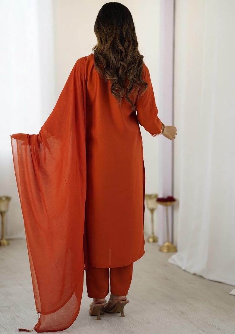 Rust Embroidered Silk Kurta Set - Indya