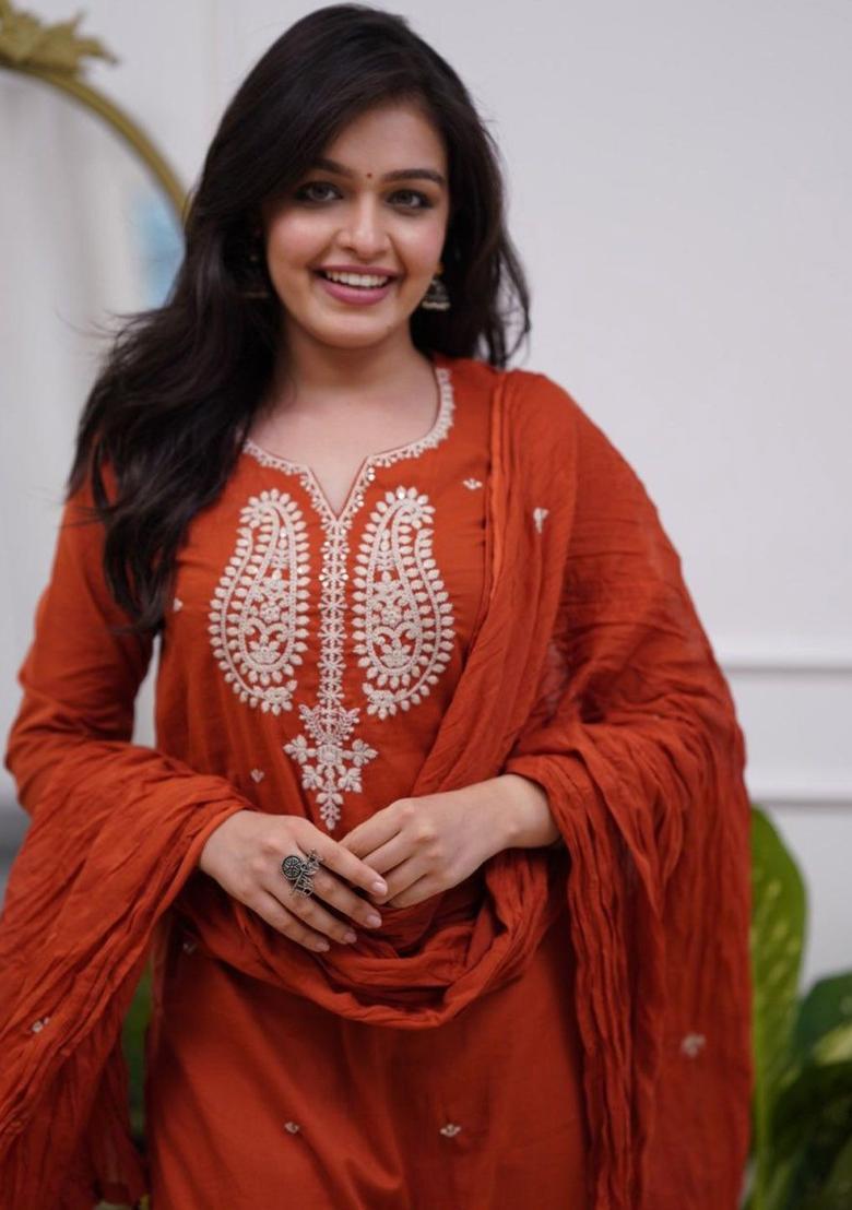 Rust Embroidered Silk Kurta Set - Indya