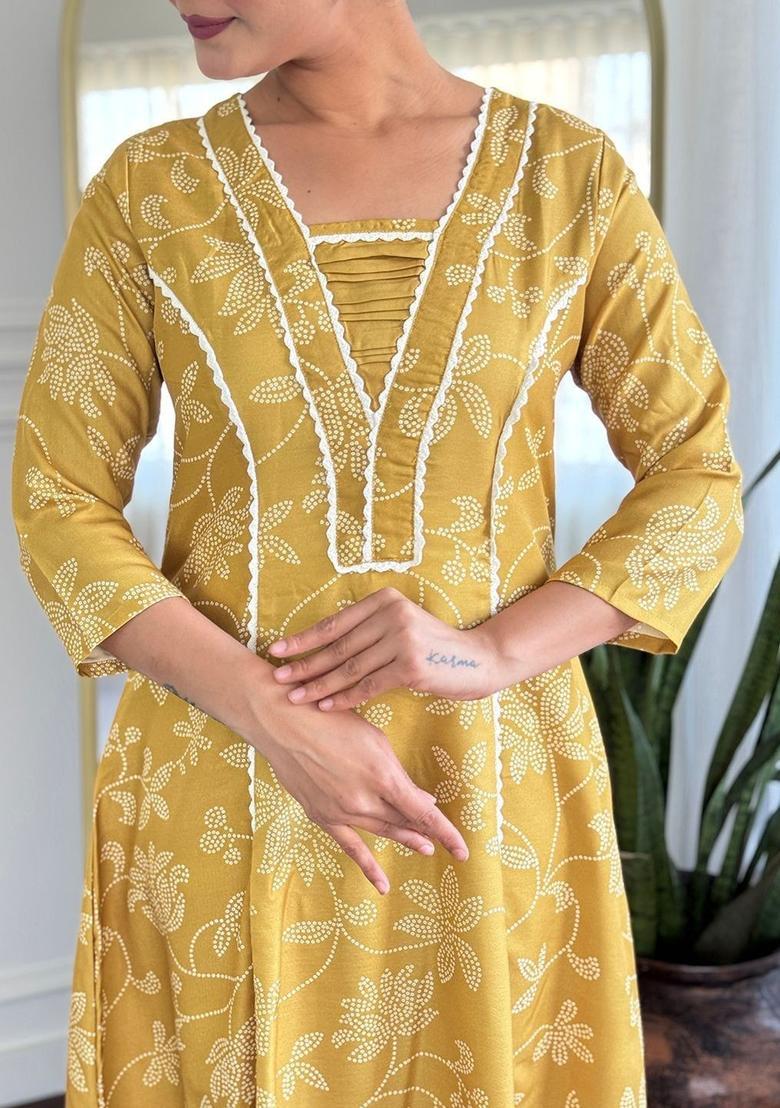 Yellow Printed Viscose Kurta Set - Indya