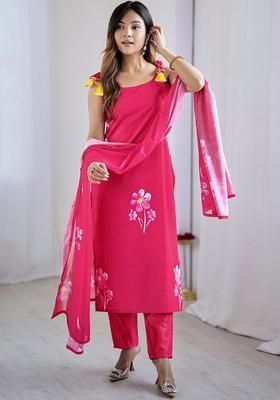 Pink Printed Silk Kurta Set