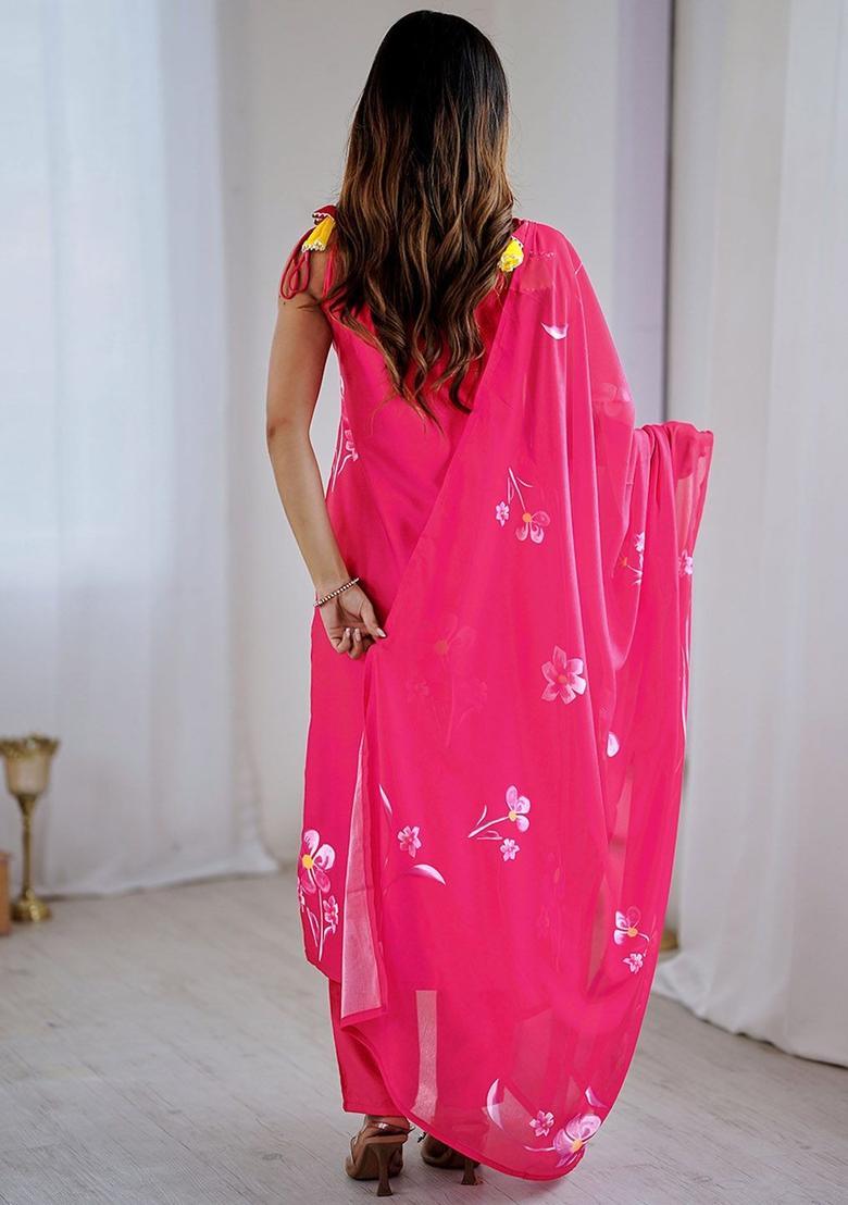 Pink Printed Silk Kurta Set - Indya