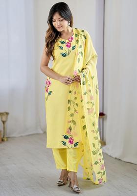 Yellow Printed Silk Kurta Set