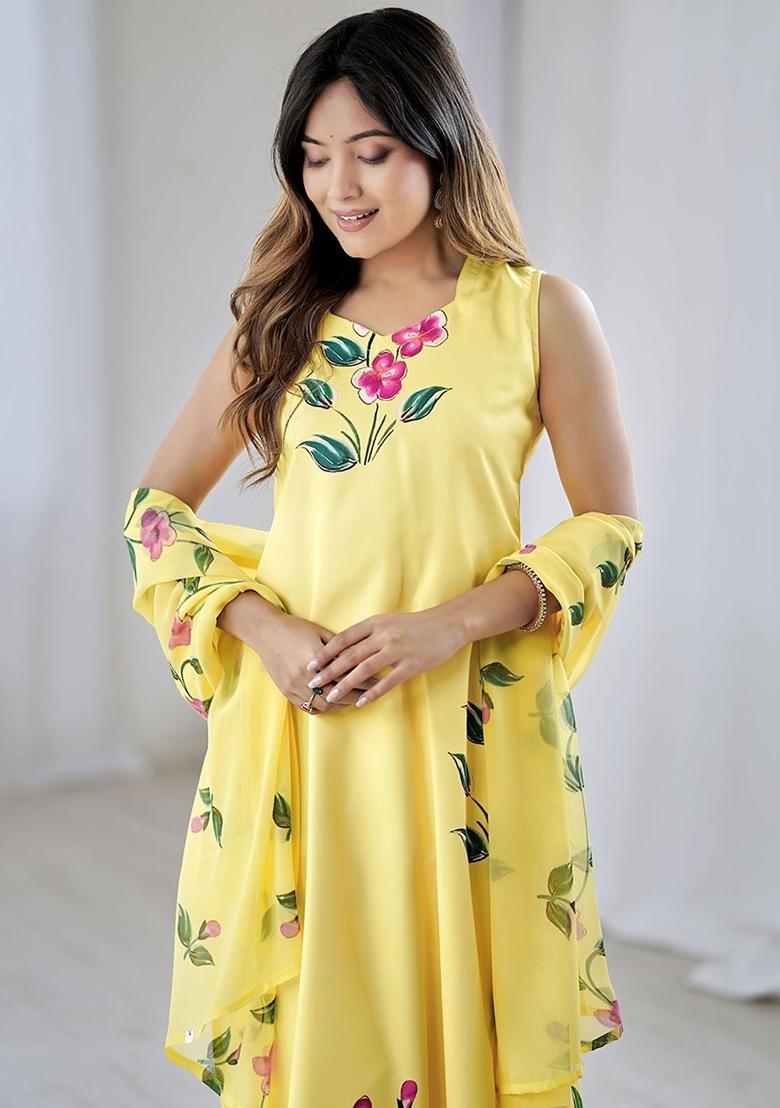 Yellow Printed Silk Kurta Set - Indya