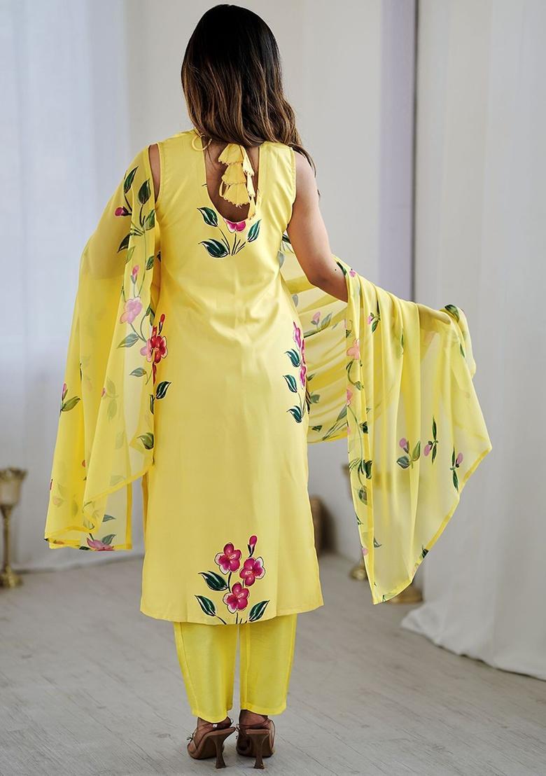 Yellow Printed Silk Kurta Set - Indya