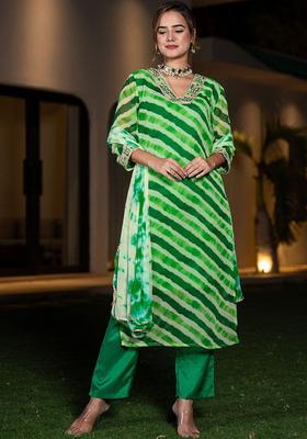 Green Printed Georgette Kurta Set