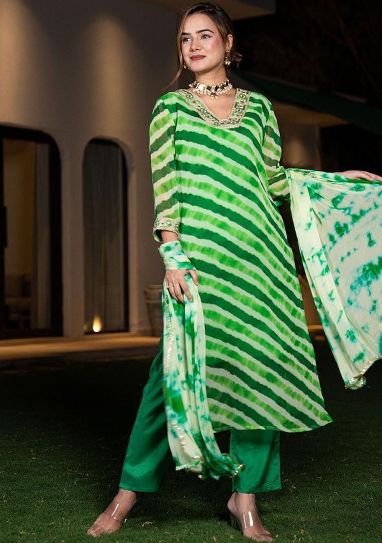 Green Printed Georgette Kurta Set - Indya