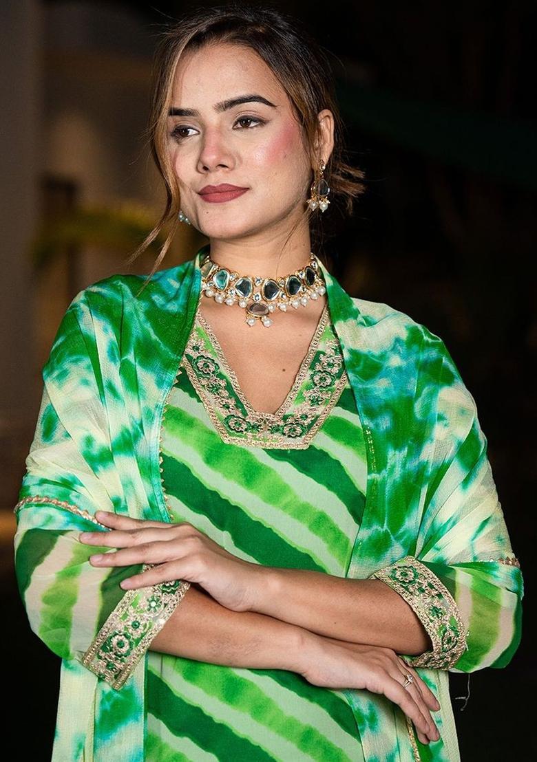 Green Printed Georgette Kurta Set - Indya