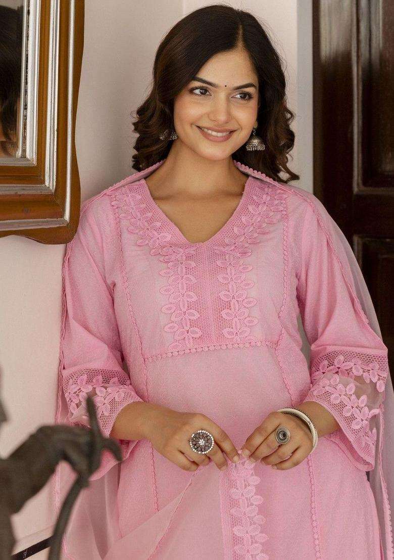 Pink Self Design Cotton Kurta Set - Indya