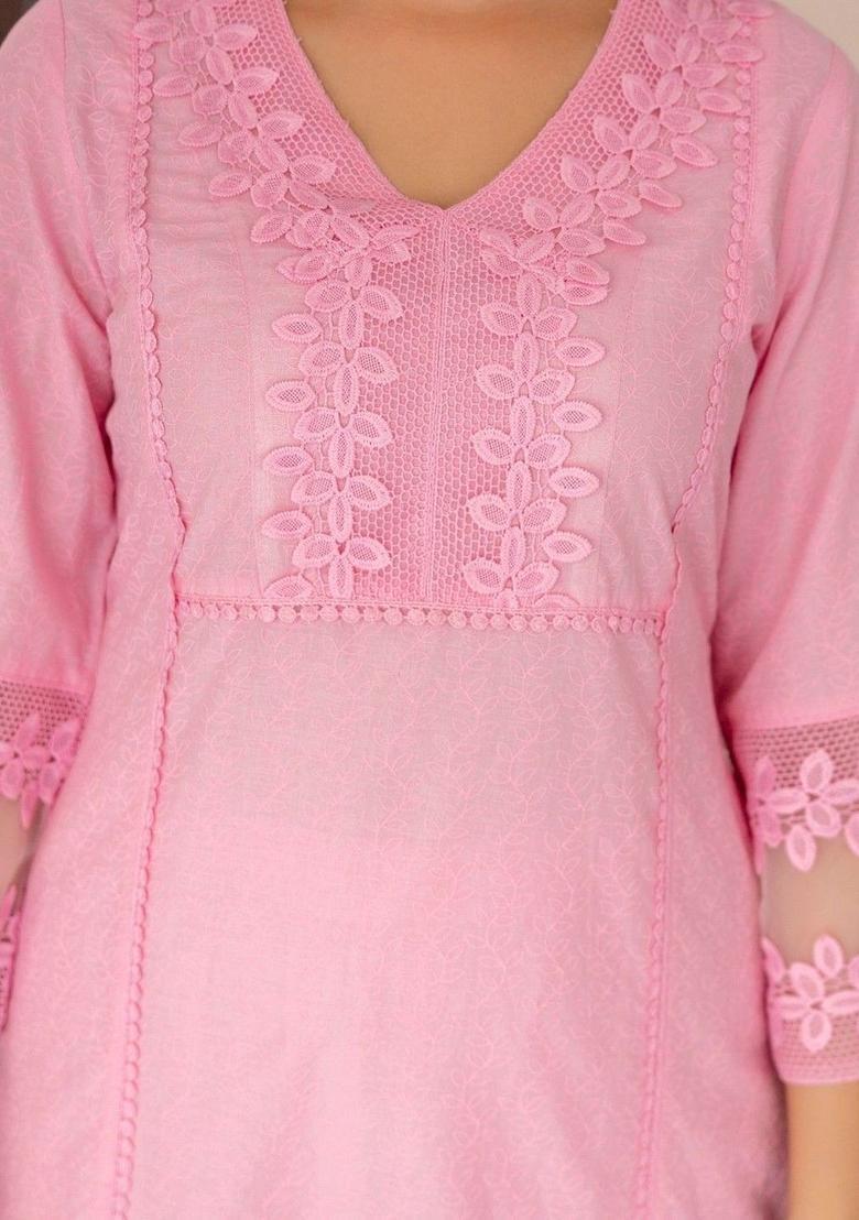 Pink Self Design Cotton Kurta Set - Indya