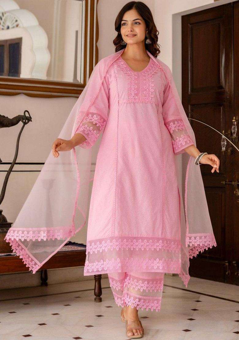 Pink Self Design Cotton Kurta Set - Indya