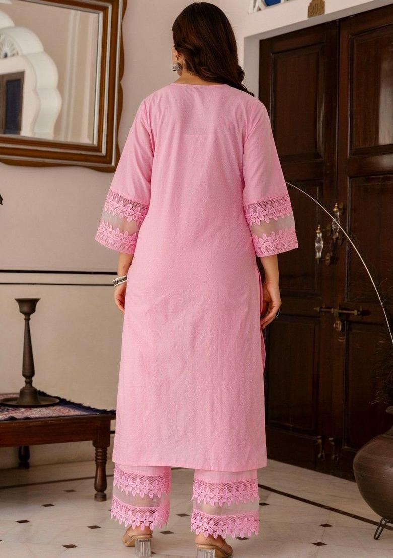 Pink Self Design Cotton Kurta Set - Indya