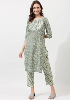 Off White Printed Cotton Kurta Set