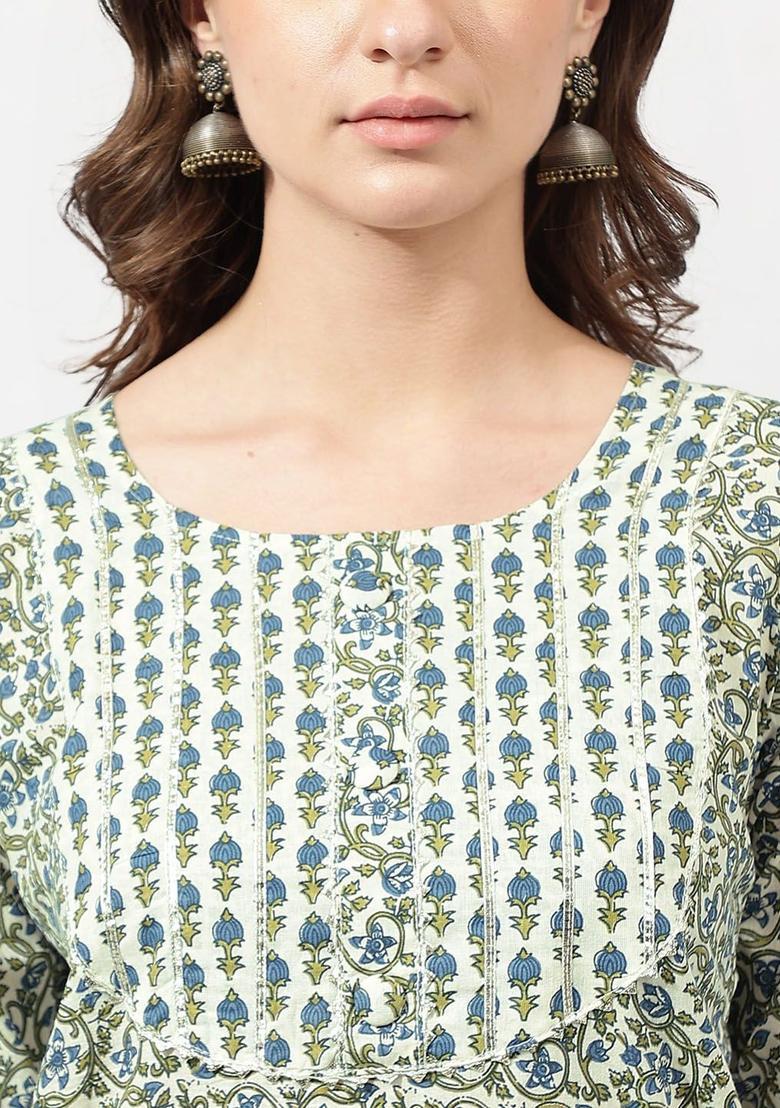 Off White Printed Cotton Kurta Set - Indya