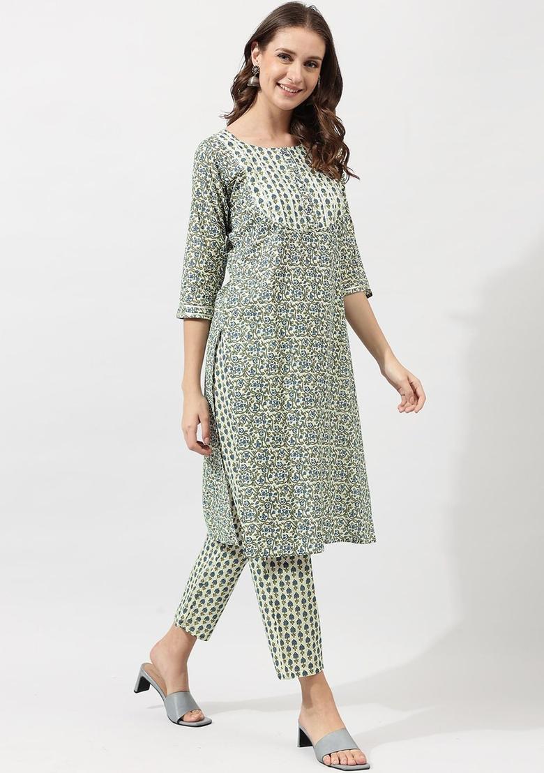 Off White Printed Cotton Kurta Set - Indya