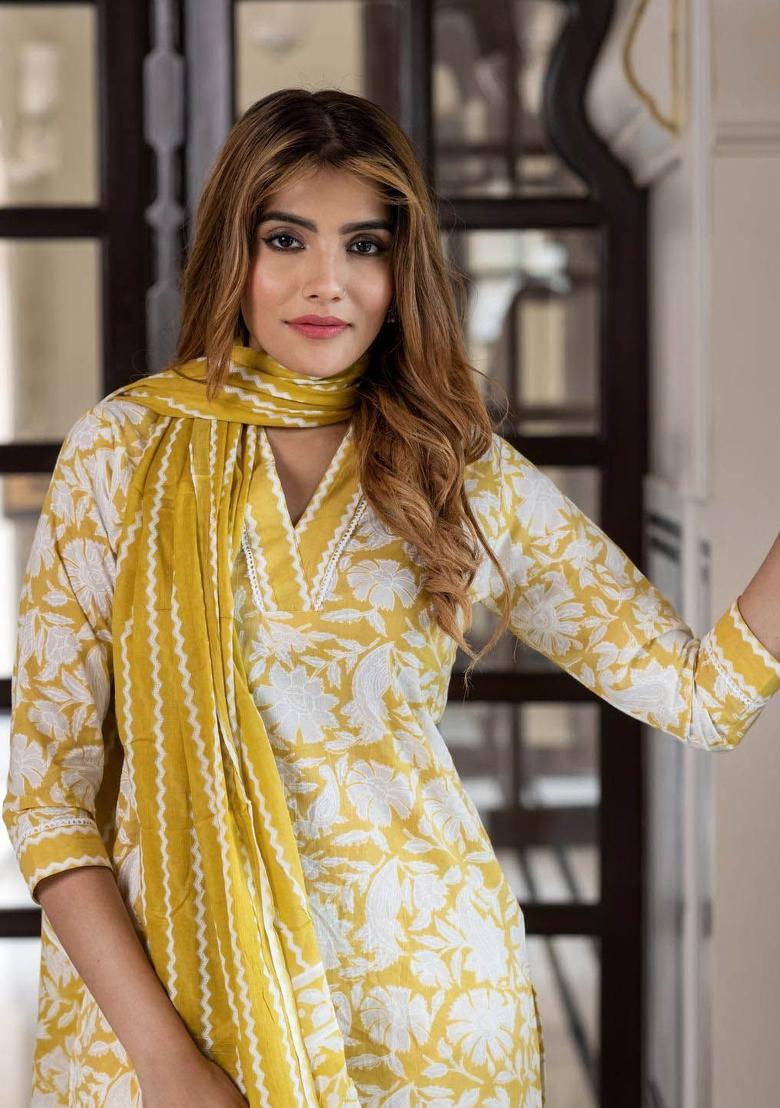 Mustard Printed Cotton Kurta Set - Indya