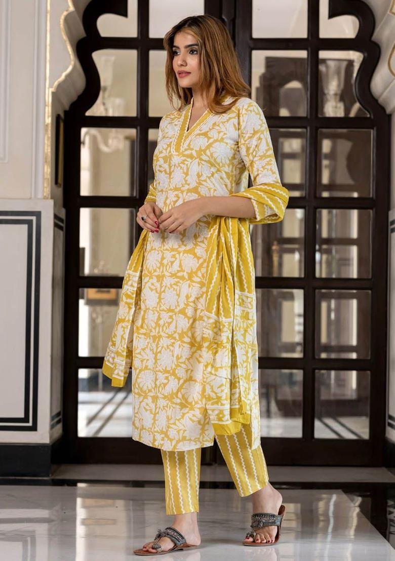 Mustard Printed Cotton Kurta Set - Indya