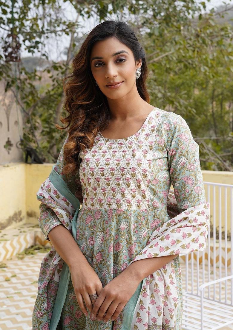 Green Printed Cotton Kurta Set - Indya