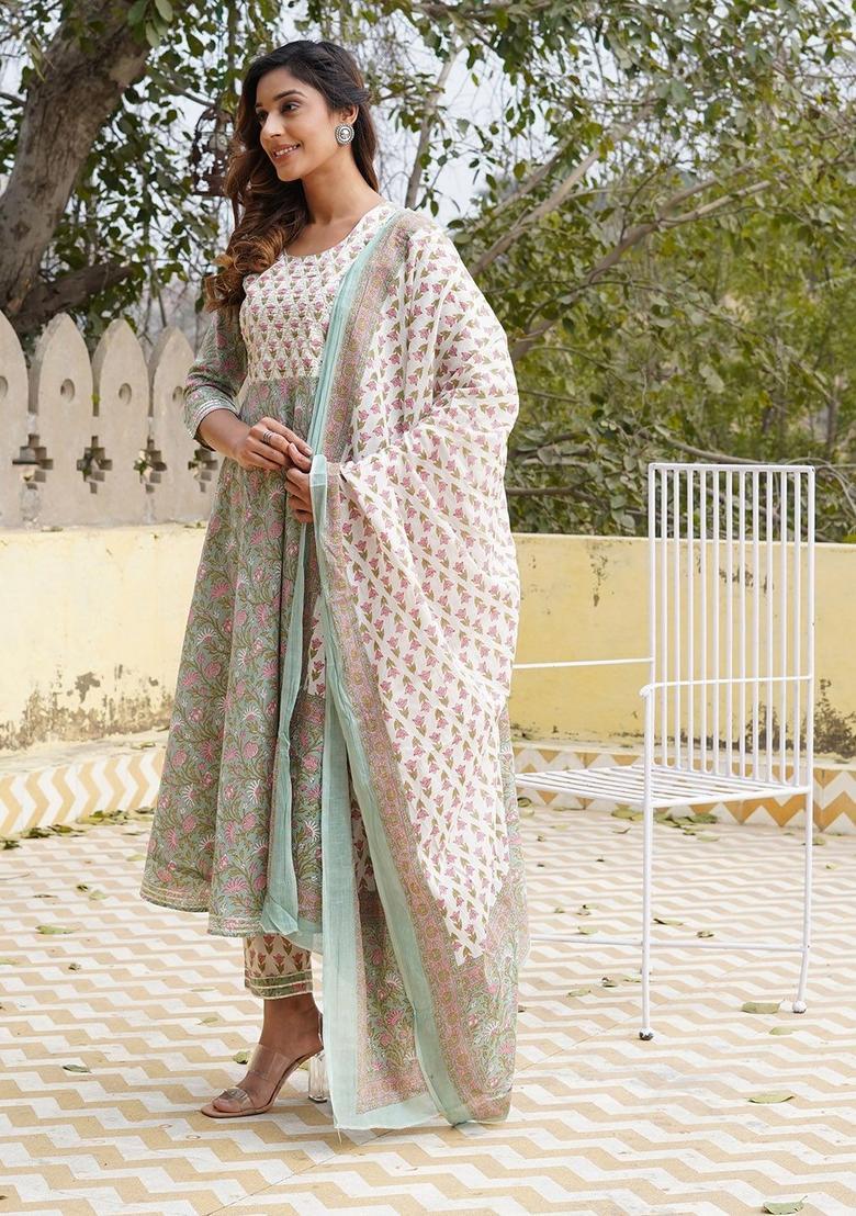 Green Printed Cotton Kurta Set - Indya
