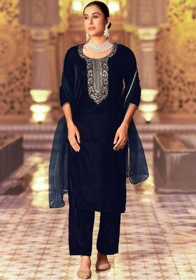 Blue Embroidered Velvet Kurta Set
