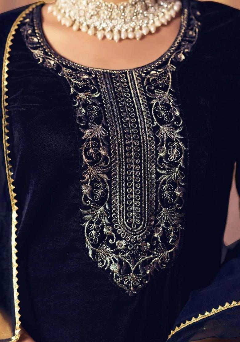 Blue Embroidered Velvet Kurta Set - Indya