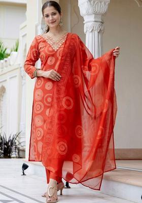 Orange Printed Viscose Kurta Set