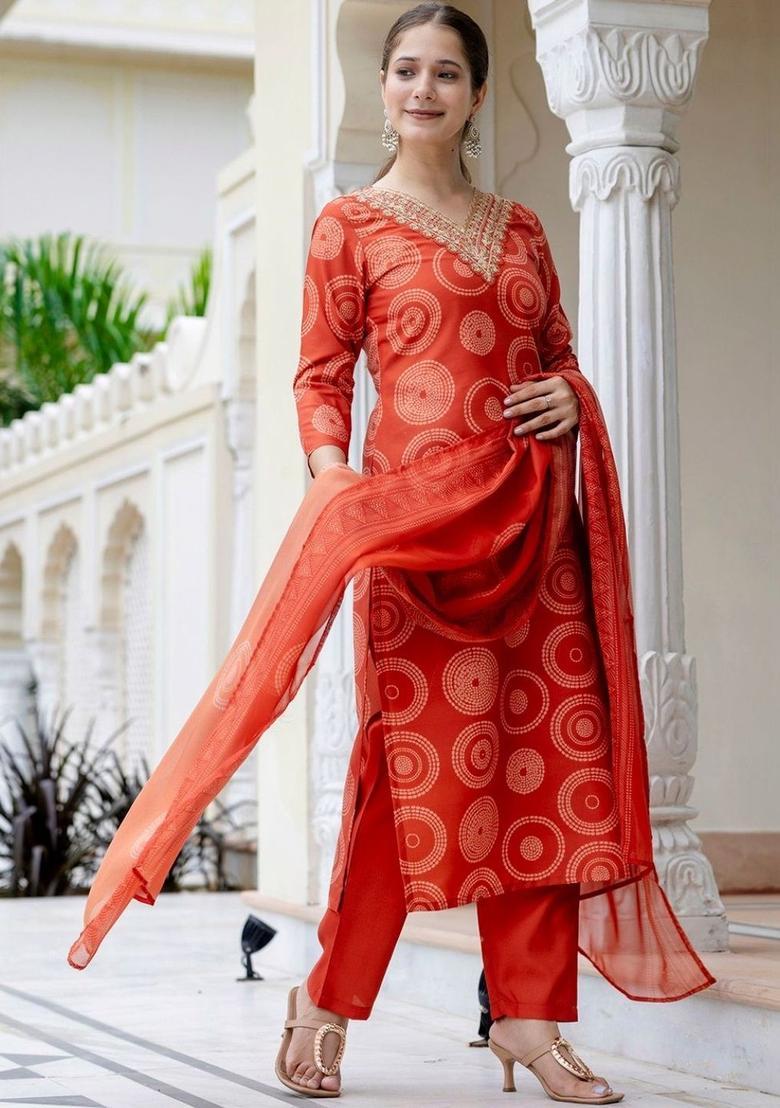 Orange Printed Viscose Kurta Set - Indya