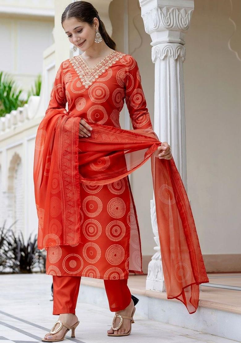 Orange Printed Viscose Kurta Set - Indya