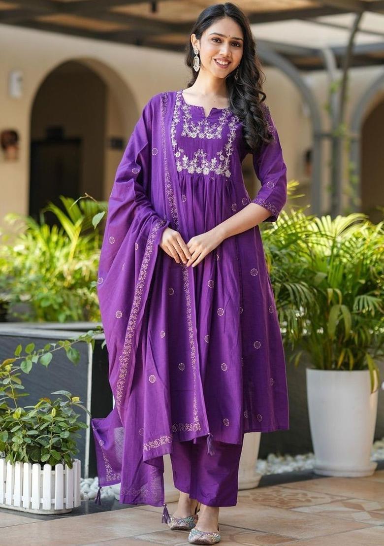 Purple Embroidered Viscose Kurta Set - Indya