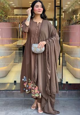 Brown Embroidered Viscose Kurta Set