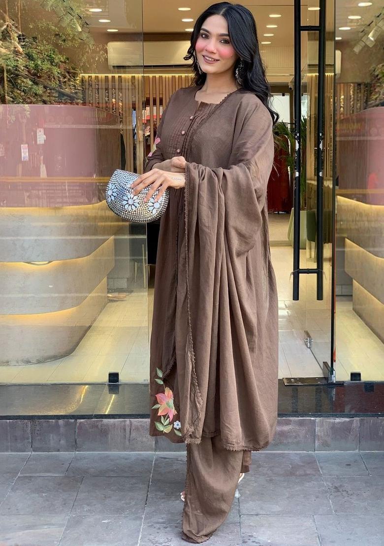 Brown Embroidered Viscose Kurta Set - Indya