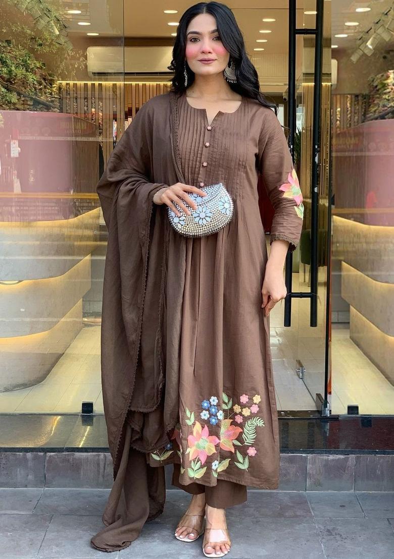Brown Embroidered Viscose Kurta Set - Indya