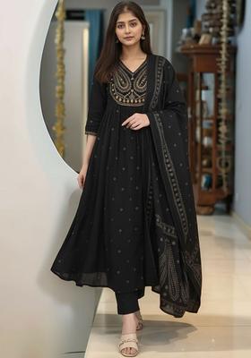 Black Printed Viscose Kurta Set