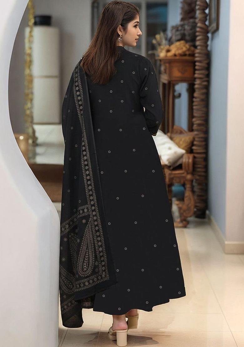 Black Printed Viscose Kurta Set - Indya