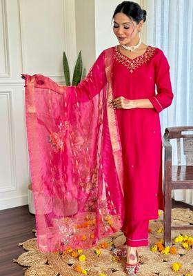 Pink Embroidered Viscose Kurta Set