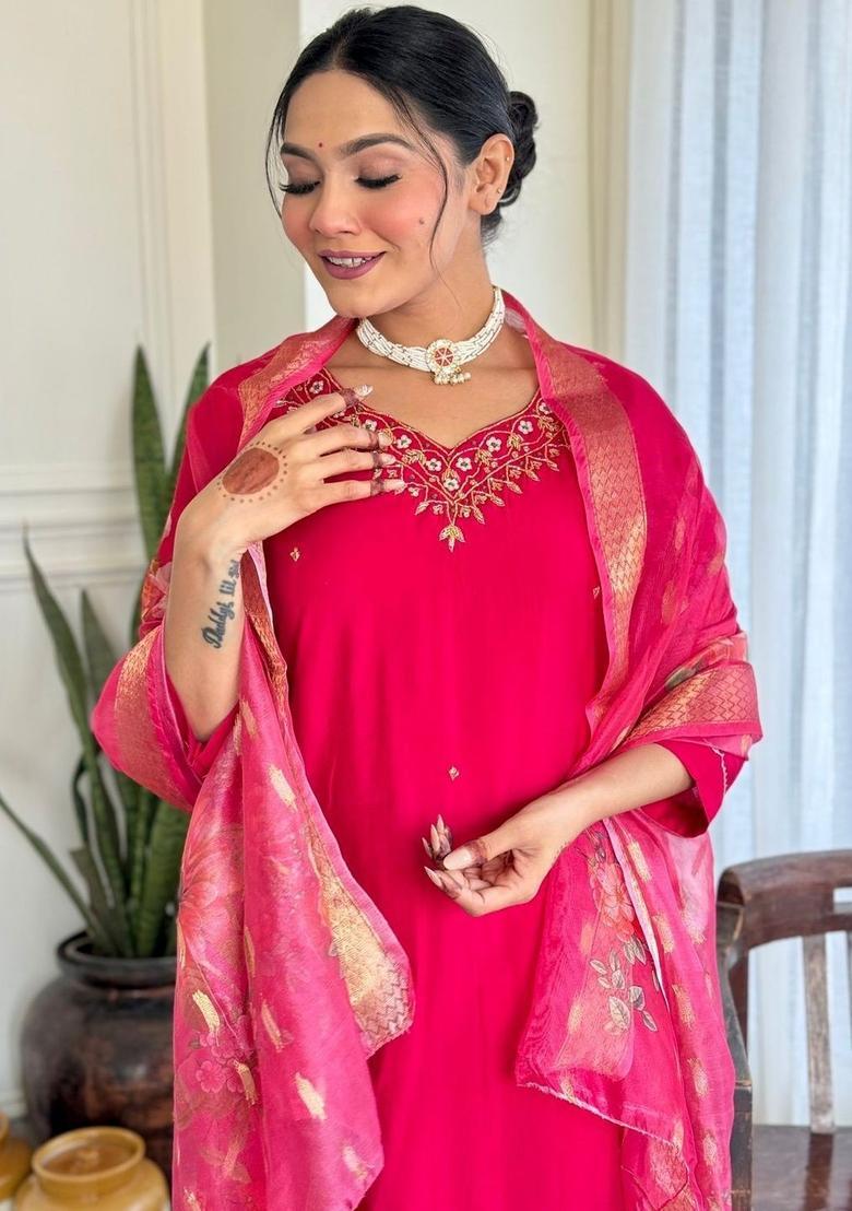 Pink Embroidered Viscose Kurta Set - Indya