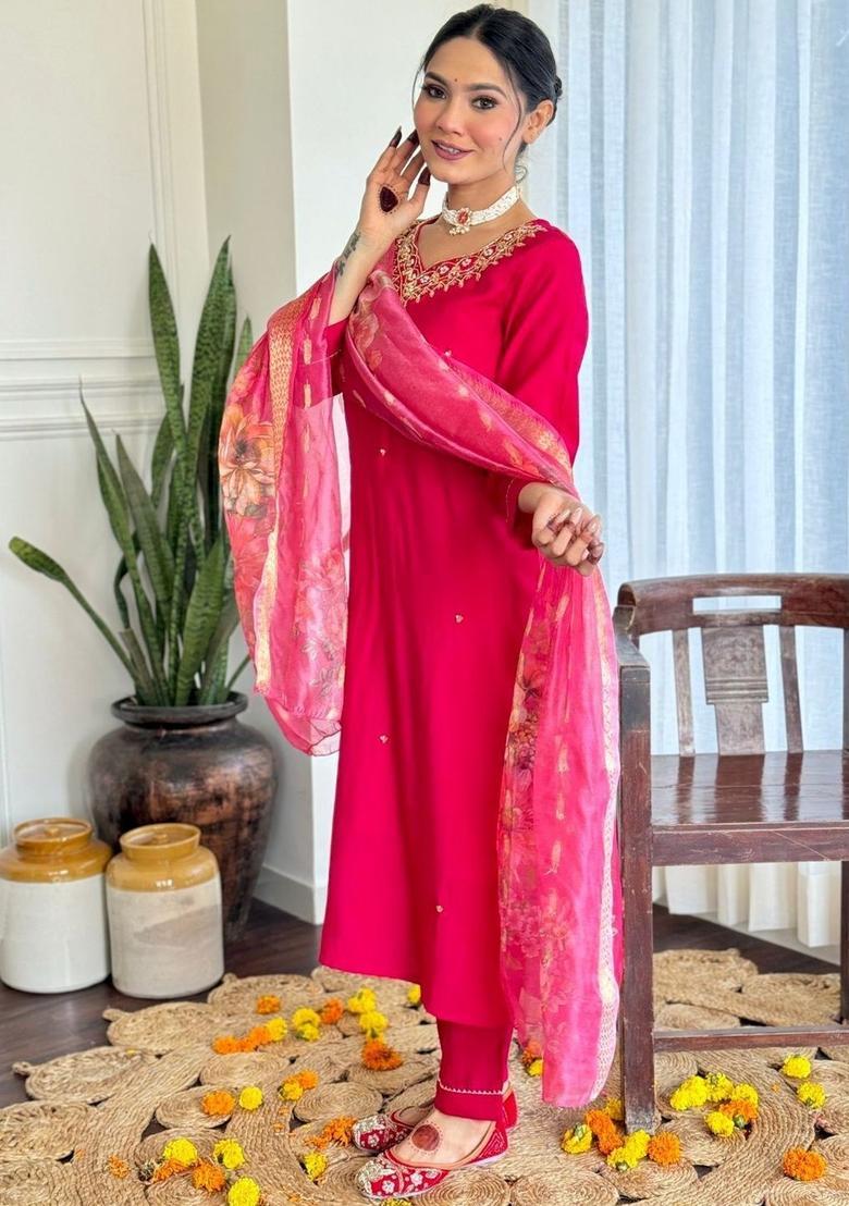 Pink Embroidered Viscose Kurta Set - Indya