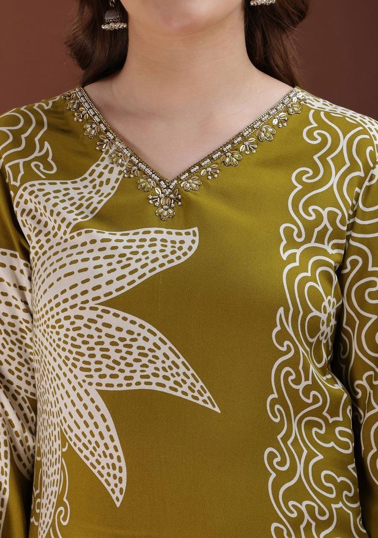 Green Printed Viscose Kurta Set - Indya